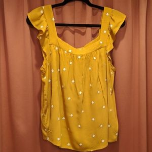 Flowy Mustard Colored Blouse with White Flowers